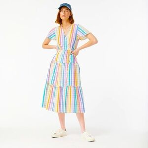 J Crew Faux Wrap Rainbow Gingham Multicolor Striped Maxi Dress